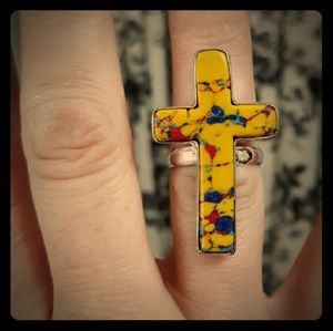 New Mosaic Balloon Jasper 925 Silver Cross Ring.